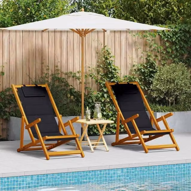 Berkfield Home Set of 2 Folding Beach Chairs in Black Textilene and Wood, W/D/H: 61.5 x 110 x 97 cm