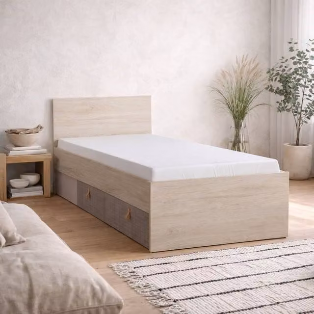 Wyld Haus Rosemary Single Bed in Light Walnut with Headboard and 1 Drawer, W/D/H: 90 x 190 cm