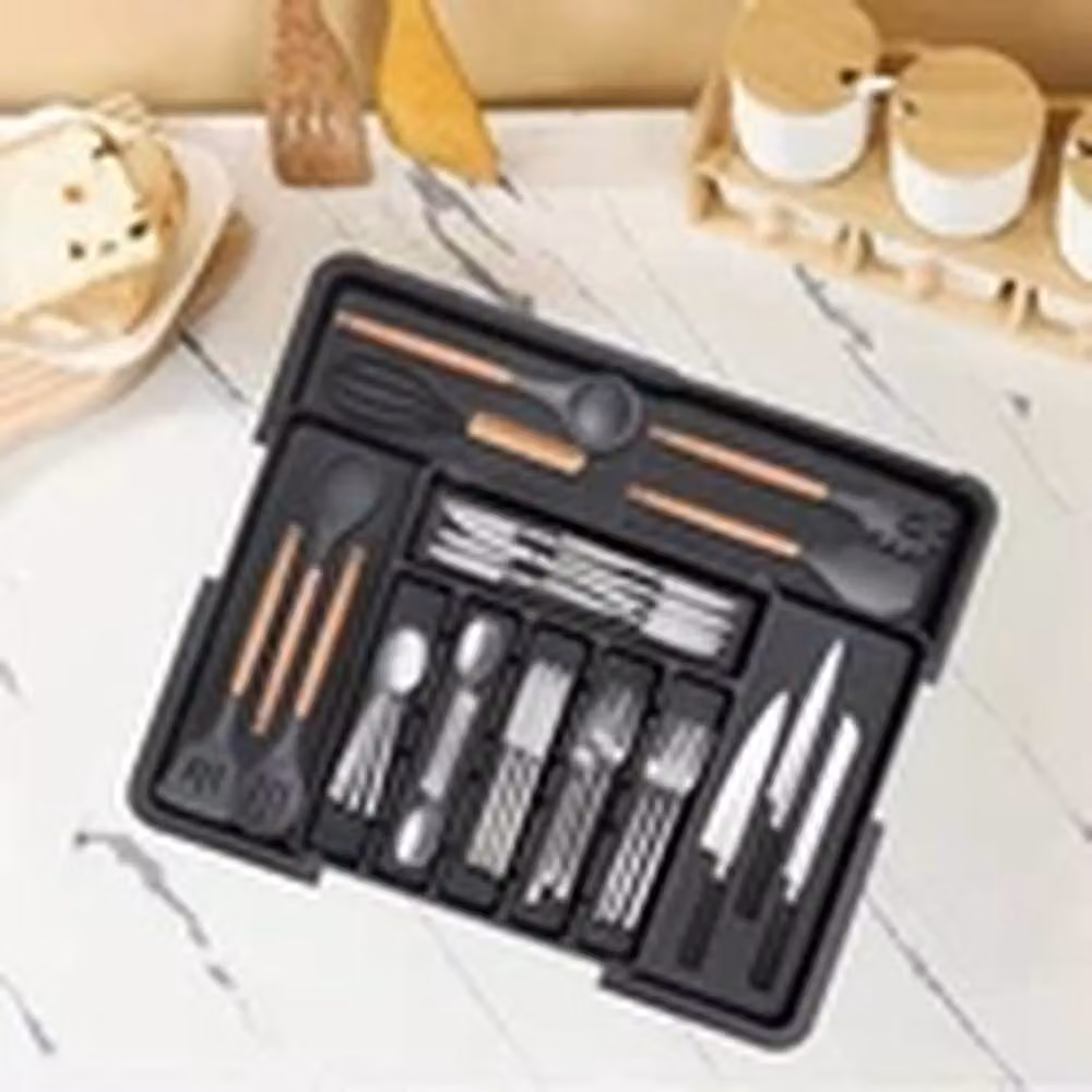 EONLION Adjustable Black Plastic Kitchen Drawer Cutlery Tray and Utensil Divider with Compartments – 3
