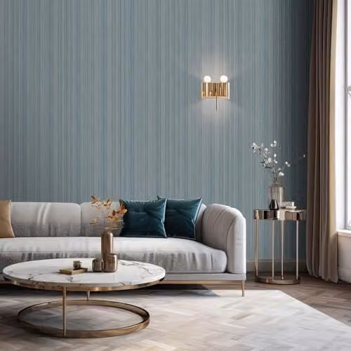 Muriva Venezia Stripe Texture Wallpaper, Blue and Gold Metallic Vinyl Woven Fabric Effect, M66501 – 1