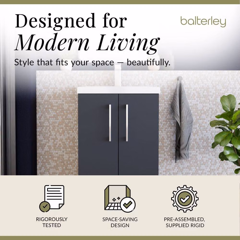 Balterley Modern Bathroom Floor Standing Vanity Unit with 2 Soft Close Doors and Rectangular Mid-Edge Basin, Dark Grey Matt – 2