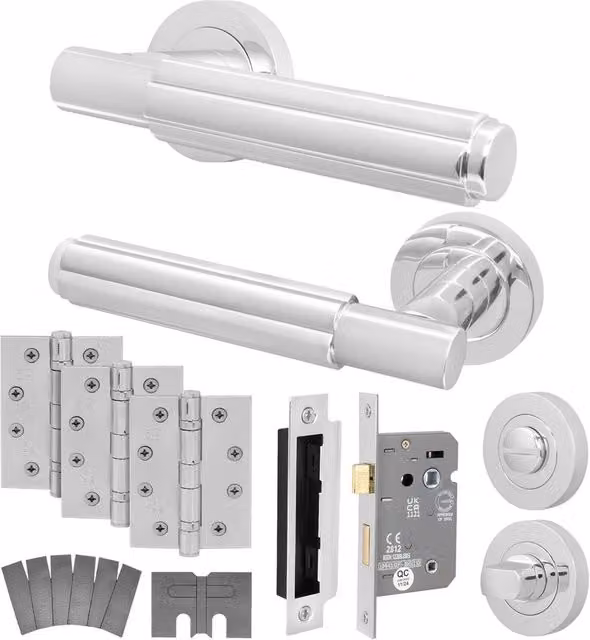AFIT Polished Chrome Fire Door Handle and Lock Set with Hinges in Silver – 1