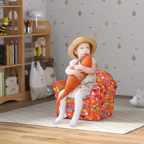 AIYAPLAY Kids Dinosaur Armchair with Wooden Frame, Red, W: 44.0 cm, D: 50.0 cm, H: 39.0 cm – 2
