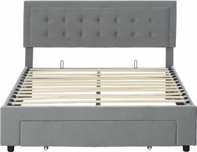 HOMCOM Double Size Grey Velvet Ottoman Bed Frame with Lift-Up Base and Front Drawer, W: 140 cm, D: 200 cm, H: 193.5 cm – 1