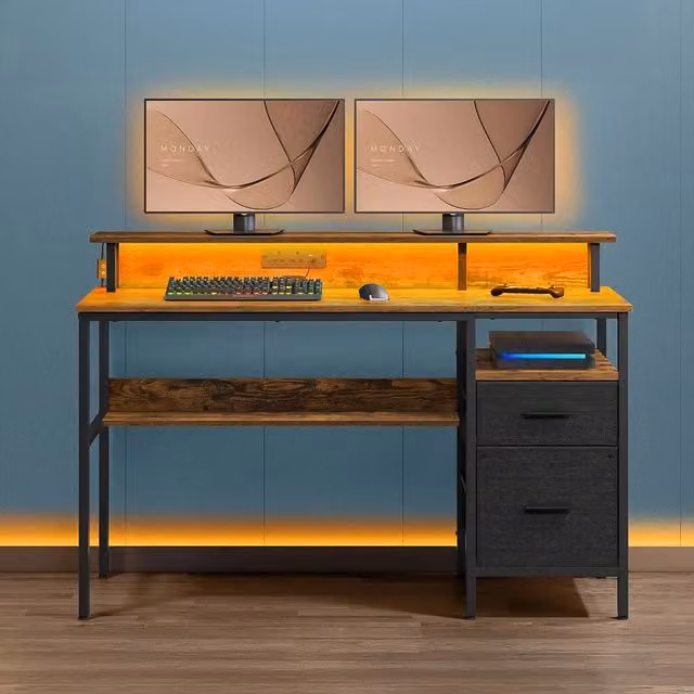 VASAGLE Industrial Bronze Computer Desk with Fabric Drawers