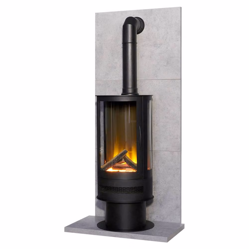Acantha Orbit Cylinder Electric Stove and Tall Angled Pipe Set with Concrete Effect Tile and Hearth in Black – 5