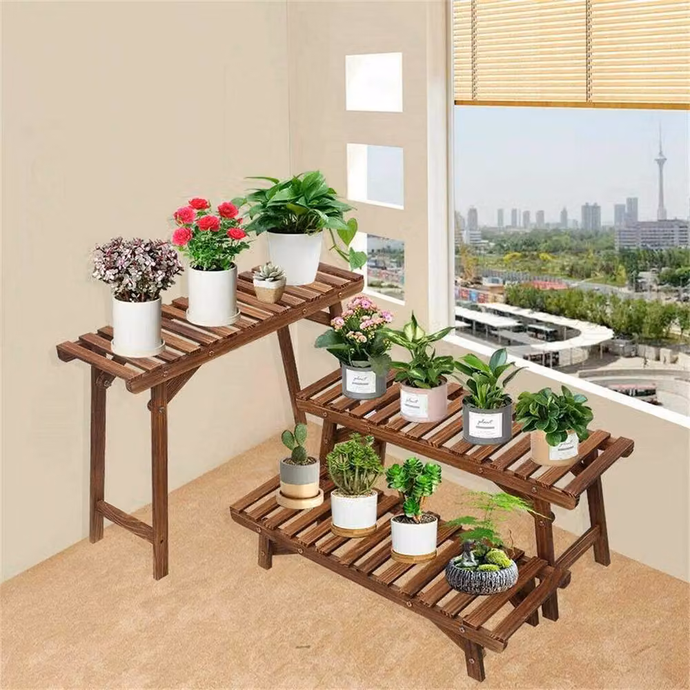 NESTLUNE 3-Tier Rustic Brown Wood Pine Plant Stand Ladder Bench – 3