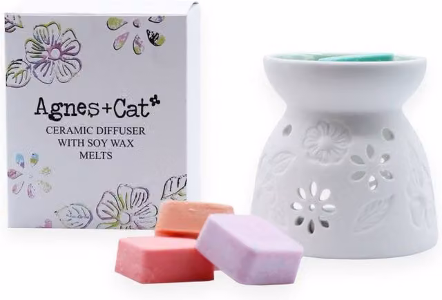 KDMD Agnes & Cat Ceramic Wax Melter in White with 4 Floral and Fruity Soy Melts – 1