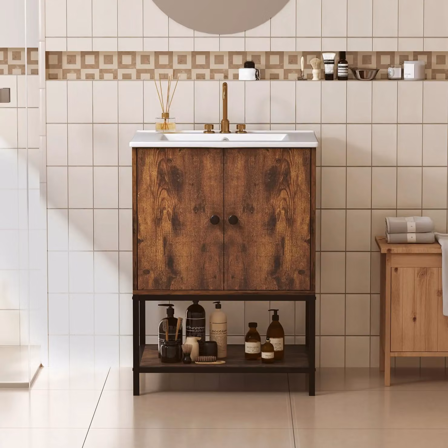 Costway Brown Under Sink Bathroom Vanity Unit with Soft Close Hinged Doors and Open Shelf – 4