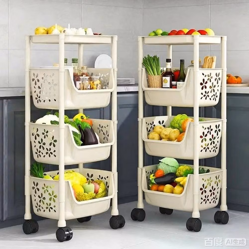 VOGREX 4 Tier Kitchen Basket Trolley Organiser for Fruit and Vegetables in Beige – 3