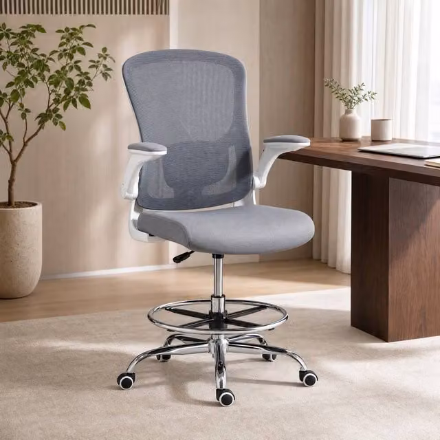 STILVORA Grey Fabric Draughtsman Chair with 360 Degree Swivel, Armrests and Castors – 1