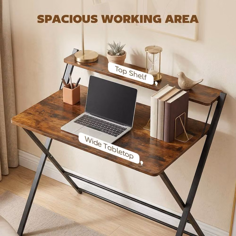 NESTLUNE Folding Writing Desk with 2-Tier Shelf in Brown, W: 100 cm, D: 15 cm – 5