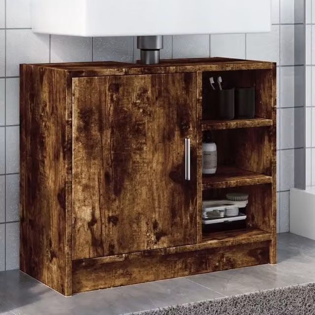 Berkfield Home Smoked Oak Sink Cabinet in Brown, W/D/H: 63 x 29 x 55 cm