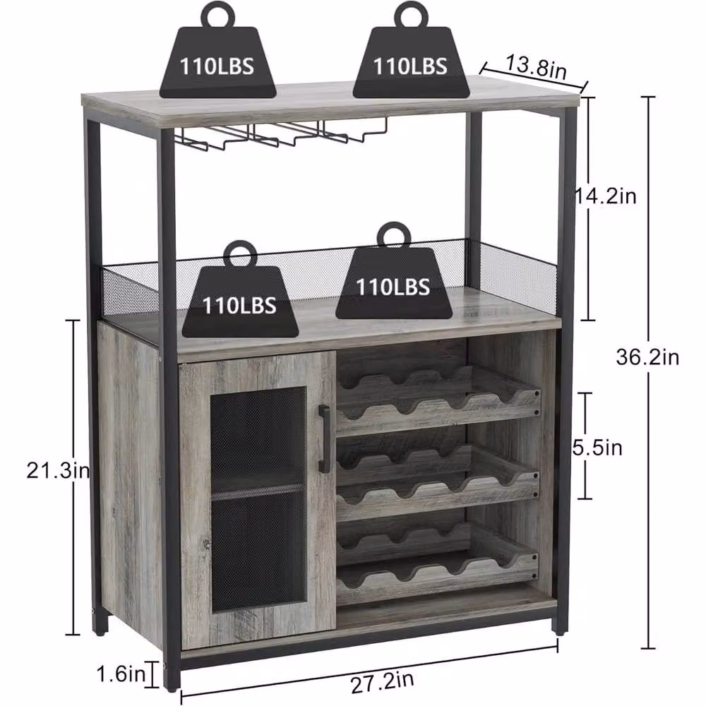 VOGREX Grey Industrial Wine Bar and Coffee Cabinet with Bottle Rack, Glass Holder and Glass Doors – 2