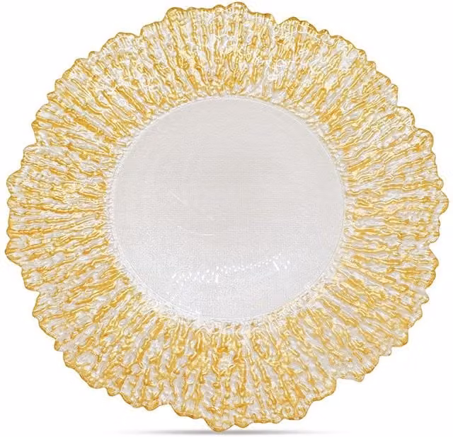 Neel Blue Set of 12 Crackled Glass Charger Plates in Metallic Gold, Diameter: 33 cm – 1