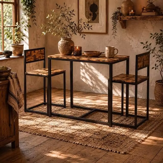 Wyld Haus Doel 3 Piece Industrial Table and Stool Set in Brown and Black Wood Effect