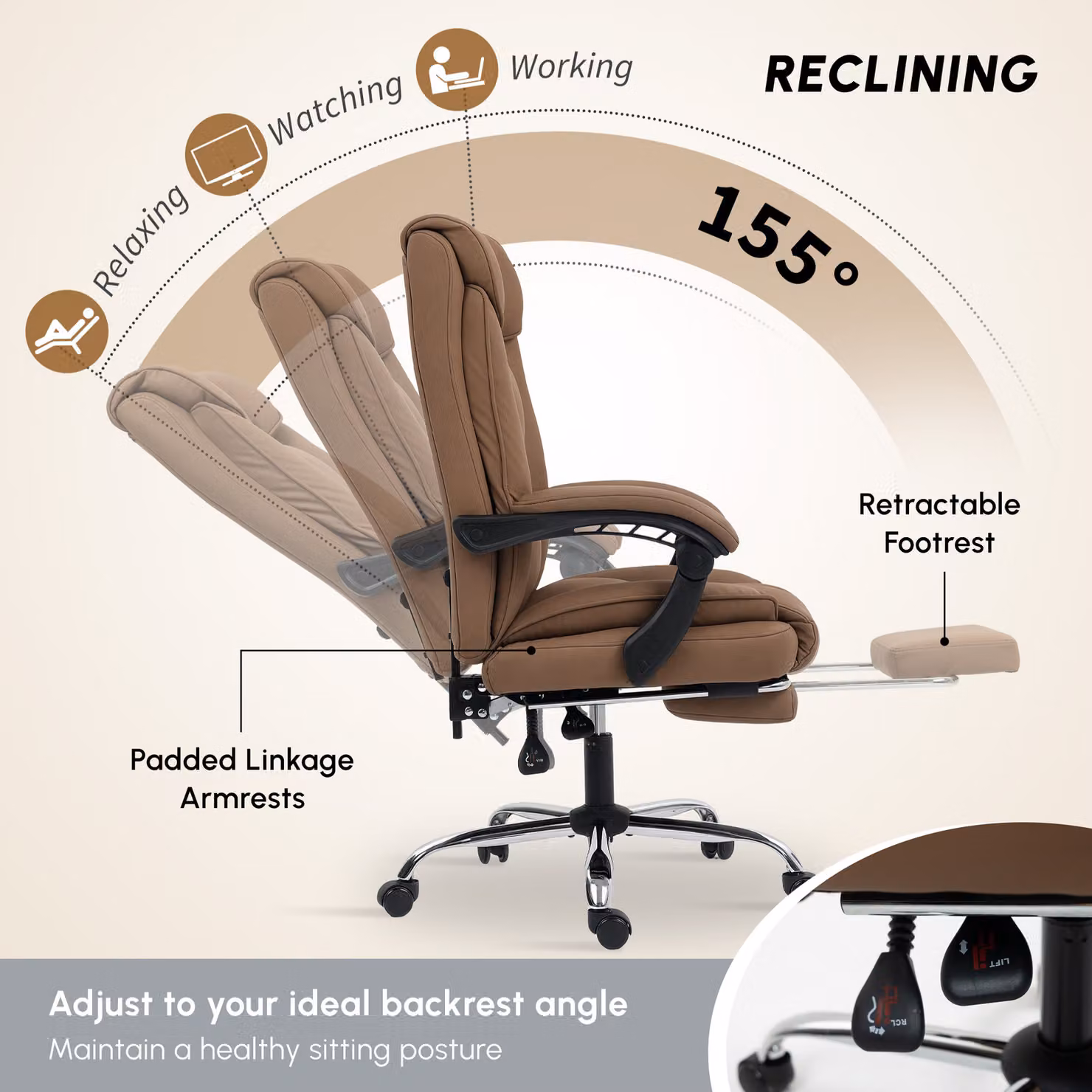 HOMCOM Brown Faux Leather Reclining Executive Swivel Office Chair with Armrests and Headrest – 4