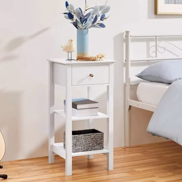 FORGEVIO White Wooden Bedside Table and Narrow Nightstand Cabinet