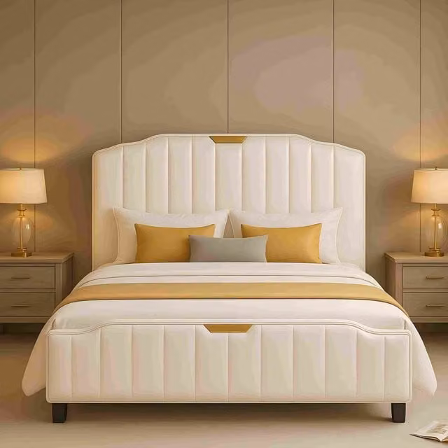 Furniture Maxi Men's Retro PU Leather Upholstered Double Bed Frame in Beige, 140 x 200 cm