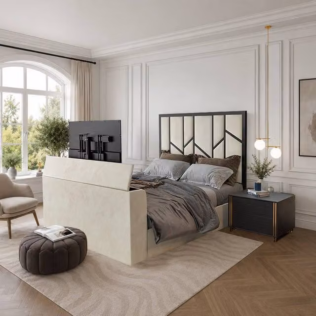 KDMD Aldingbourne Luxe Upholstered Cream Television Bed Frame, King Size – 1