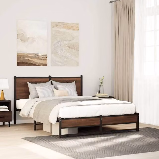 Berkfield Home Metal Bed Frame in Brown Oak, W: 140 cm, D: 190 cm