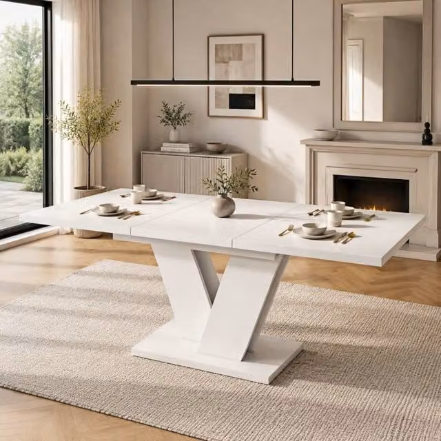 Merax Extendable Rectangular Dining Table in White with X-Frame Metal Legs