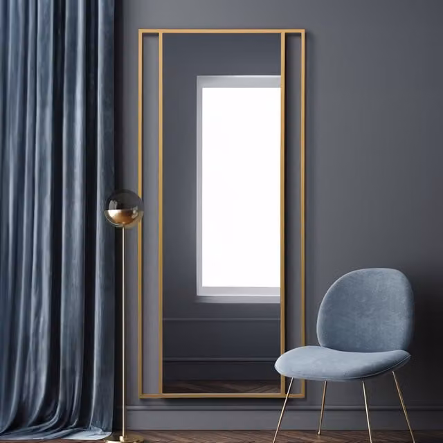 MirrorOutlet Senestra Modern Rectangular Metal Leaner Wall Mirror in Gold, Height: 200 cm