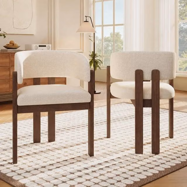 Matteo Set of 6 Solid Wood Boucle Dining Chairs with Armrests in Beige and Walnut Finish