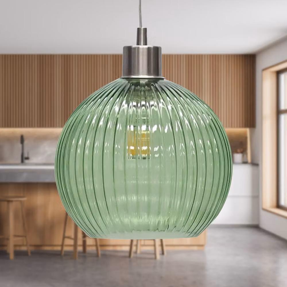 First Choice Lighting Betchley Set of 2 Green Ribbed Glass Globe Pendant Lights with Silver Metal Accents – 2