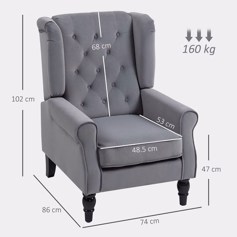 STILVORA Grey Velvet Wingback Lounge Chair with Solid Wood Frame – 4