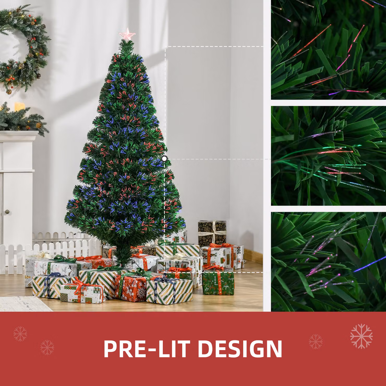 HOMCOM 5ft Green Pre-Lit Multi-Colour Fibre Optic Artificial Christmas Tree – 5