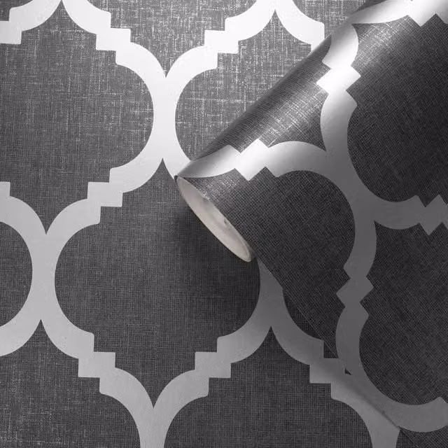 Muriva Trellis in Black, Silver and Grey
