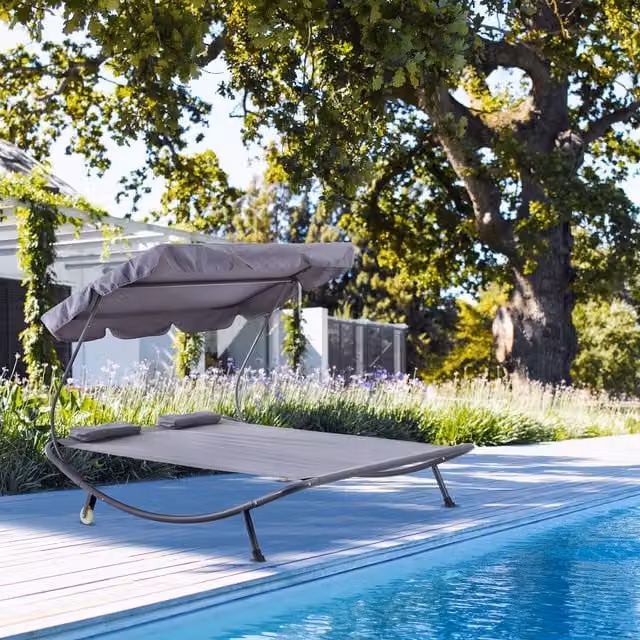 Outsunny Double Hammock Sun Lounger with Sun Canopy and Castors in Grey