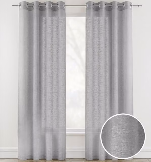 Tyrone Textiles Pair of Plain Silver Grey Sheer Linen-Look Voile Eyelet Panels, Width: 183 cm