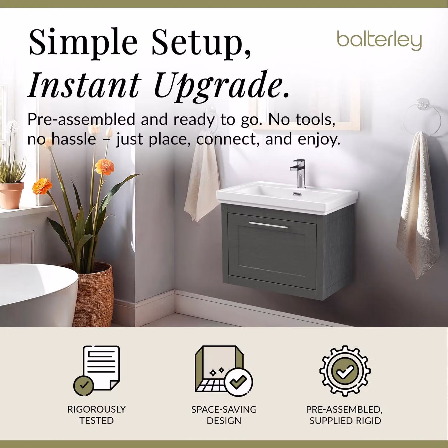 Balterley Wall Hung 1 Drawer Vanity Unit and 1TH Fireclay Basin, Dark Grey and White, Width: 60 cm – 2