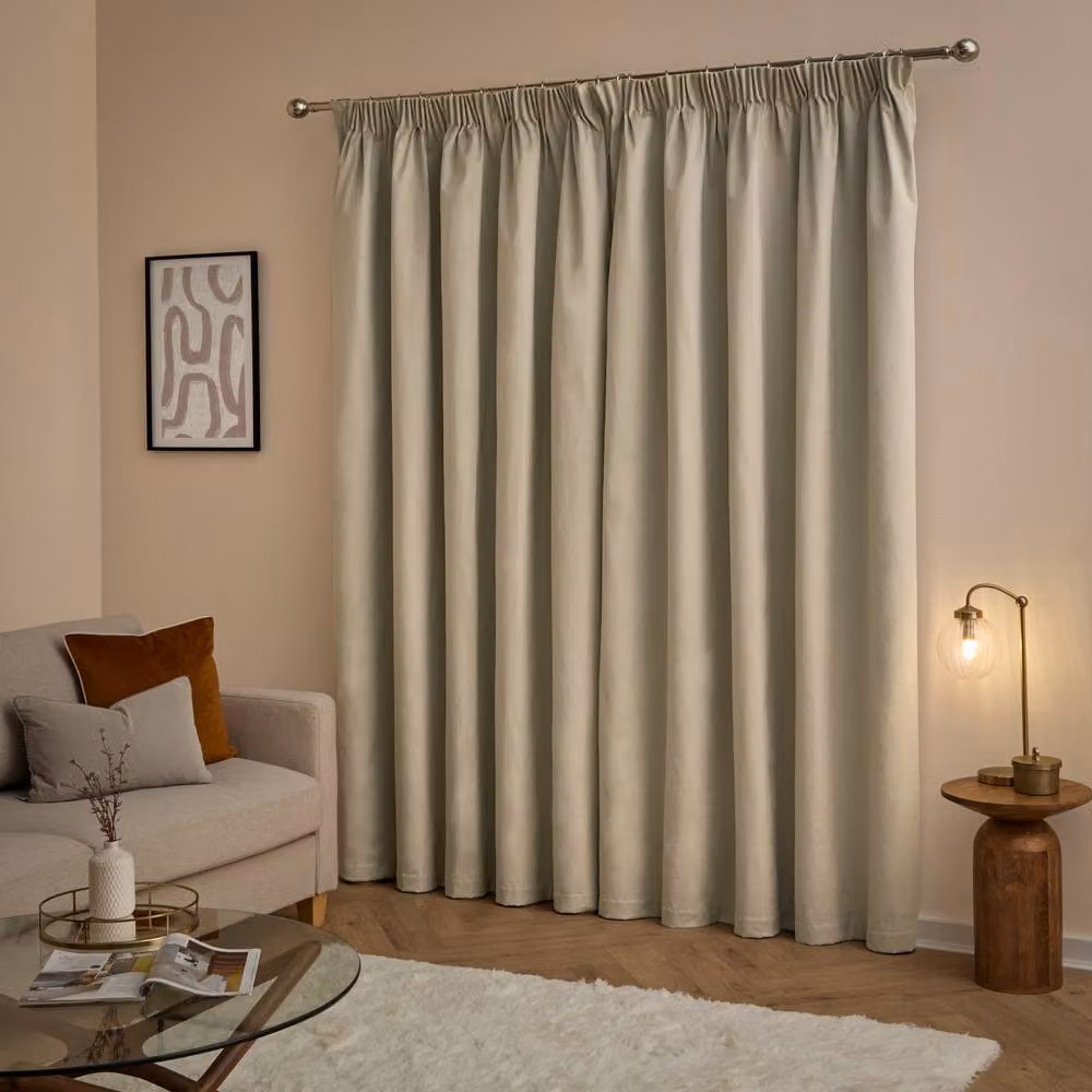 Furn Beige Velvet 100% Blackout Pencil Pleat Curtain Pair, Width: 168 cm, Drop: 137 cm – 2