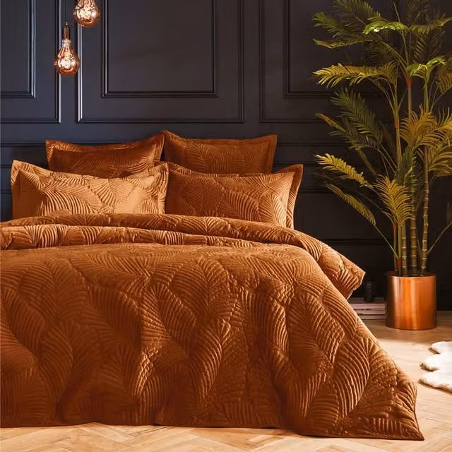 Paoletti Palmeria Quilted Velvet and Cotton Floral Duvet Cover and Pillowcase Set in Rust Orange