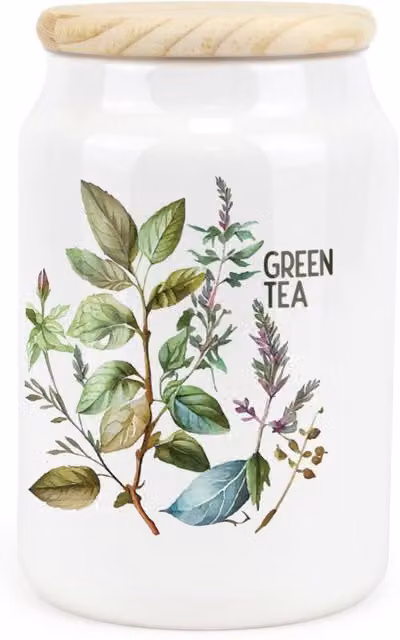 Purely Home Floral Watercolour Herbs Ceramic Green Tea Storage Canister in Green and White