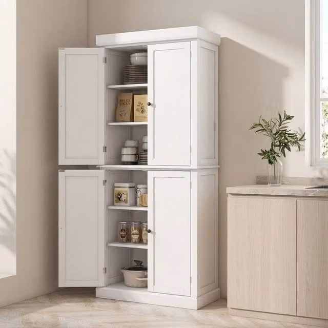 STILVORA Modern Matt White Kitchen Tall Cupboard with 4 Hinged Doors, H: 184.0 cm, W: 76.0 cm, D: 40.5 cm – 1