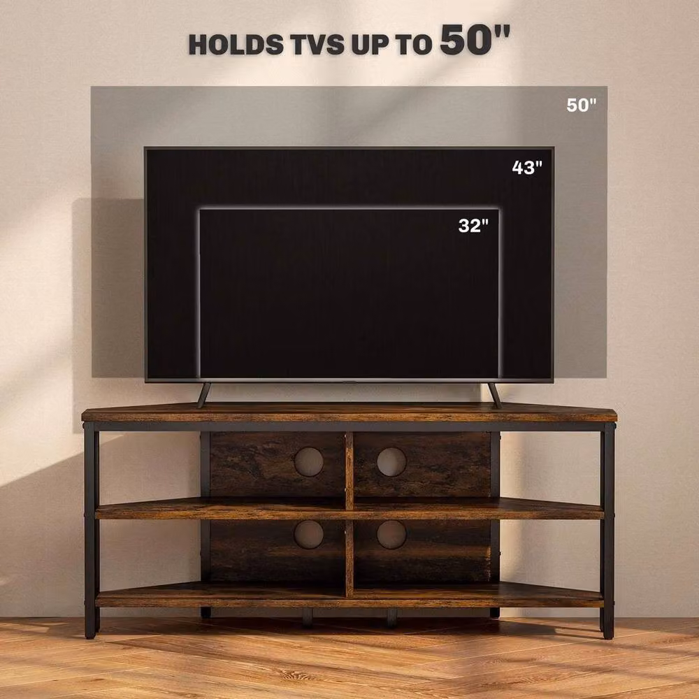FORGEVIO Industrial-Style Brown Corner TV Unit with Media Compartments – 3