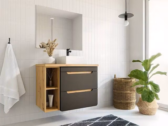Vente-unique Single Washbasin Vanity Unit with Recesses in Natural and Anthracite Grey, W/D/H: 60 x 46 x 59 cm