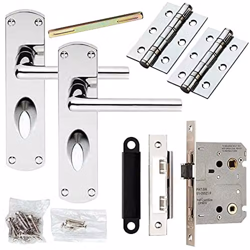 Loops Door Handle and Bathroom Lock Pack in Silver Slim Straight Arm Thumb Turn Backplate