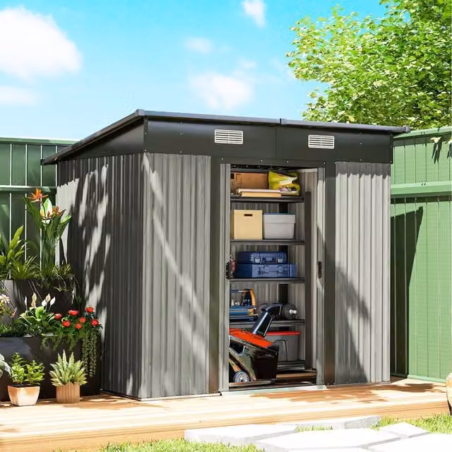 Outsunny Light Grey Wood Effect Outdoor Garden Storage Shed with Pent Roof and Sliding Doors