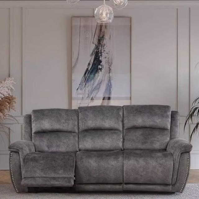 Furnishings For Less UK Mendoza Grey Plush Velvet 3 Seater Electric Reclining Sofa with USB Charging, W: 226 cm, D: 103 cm, H: 103 cm – 1