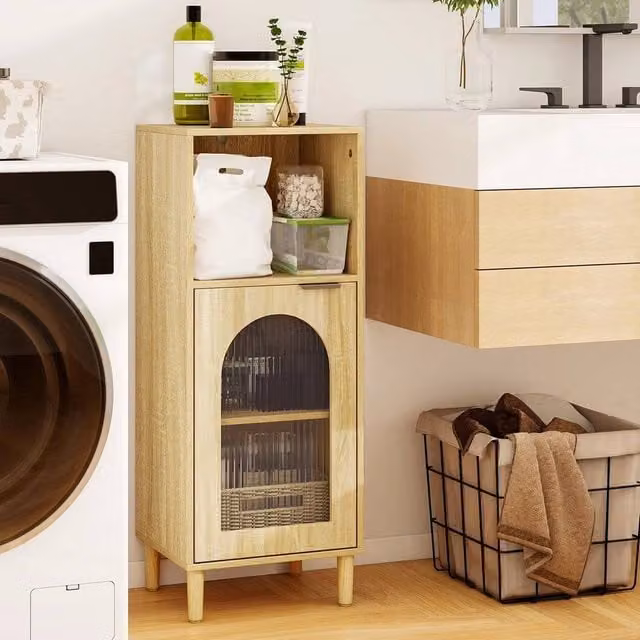 FORGEVIO Freestanding Scandinavian Bathroom Floor Cabinet with Glass Doors and Adjustable Internal Shelves in Natural Brown – 1