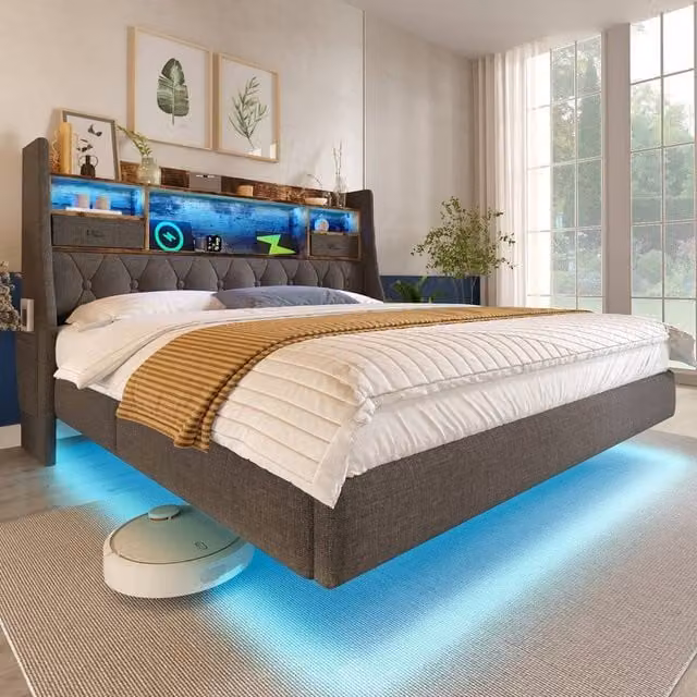 Matteo Grey Linen Upholstered Double Bed Frame with LED Lighting, USB Charging Port and Side Compartments, W/D/H: 135 x 190 x 114 cm