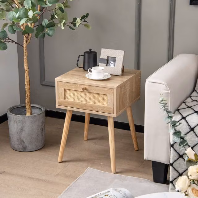 COSTWAY Boho Rattan and Wood Bedside Nightstand in Brown