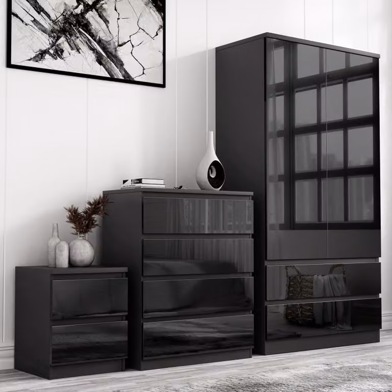 DHS Modern High Gloss 3 Piece Bedroom Furniture Set in Black including Wardrobe, Chest of Drawers and Nightstand