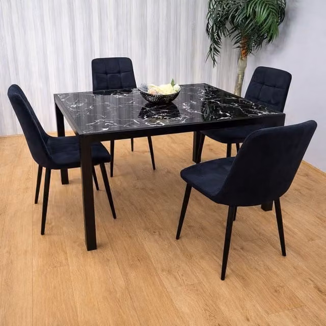 Kosy Koala Modern Black Glass Marble Effect Dining Table Set with 4 Black Velvet Chairs in Brown