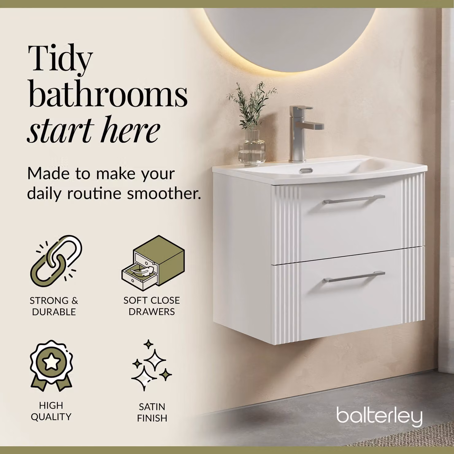Balterley Wall Hung 2 Drawer Vanity Unit with Curved Basin, Satin White, Width: 60 cm – 2